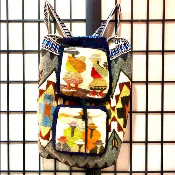 BACKPACK handmade Woven Wool native scene boheimian size16x16 preowned good cond - Picture 2 of 15